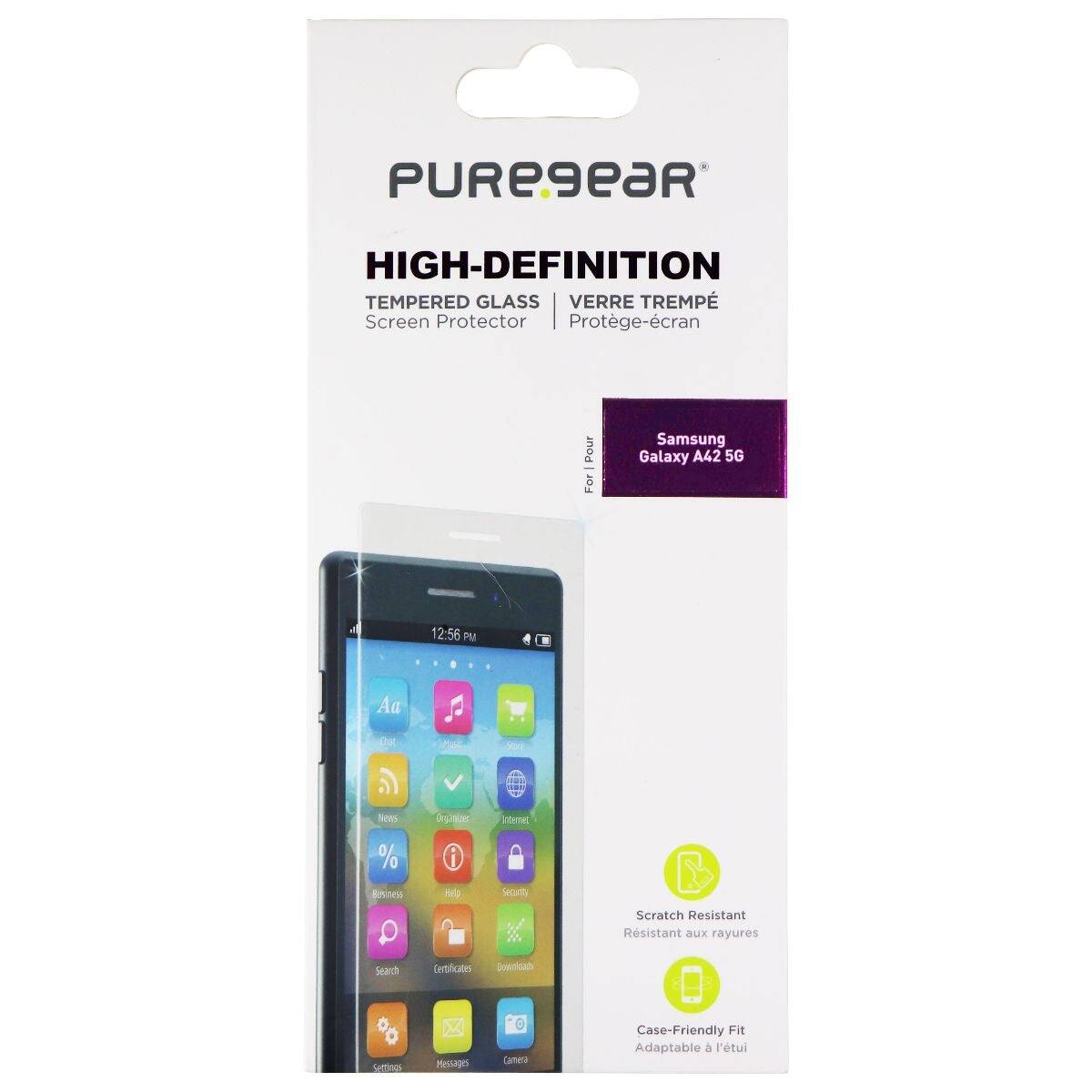 PUREgeaR HIGH-DEFINITION TEMPERED GLASS VERRE TREMPÉ Screen Protector | Protege-écran Pour Samsung Galaxy A42 5G

12:56 PM

Aa tha me - Nees % Bnines i nele Internit Security Scratch Resistant Rsistant aux rayures Search Certificates Sownioah SET Hessago Camera Case-Friendly Fit Adaptable