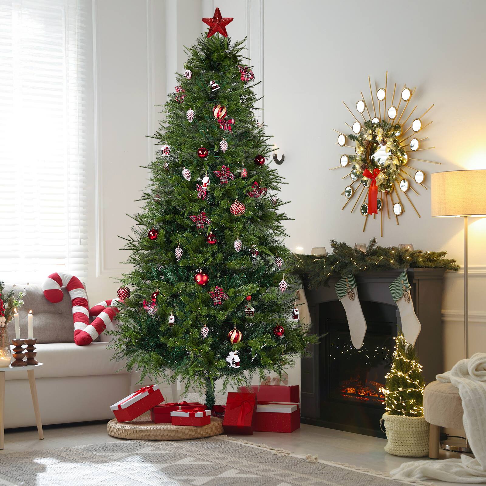 Back. VAVSEA - 7.5 ft Pre-Lit Artificial Christmas Tree with 400 Warm White LED Lights, Hinged Xmas Tree with Skirt & Red Ornaments - Green.