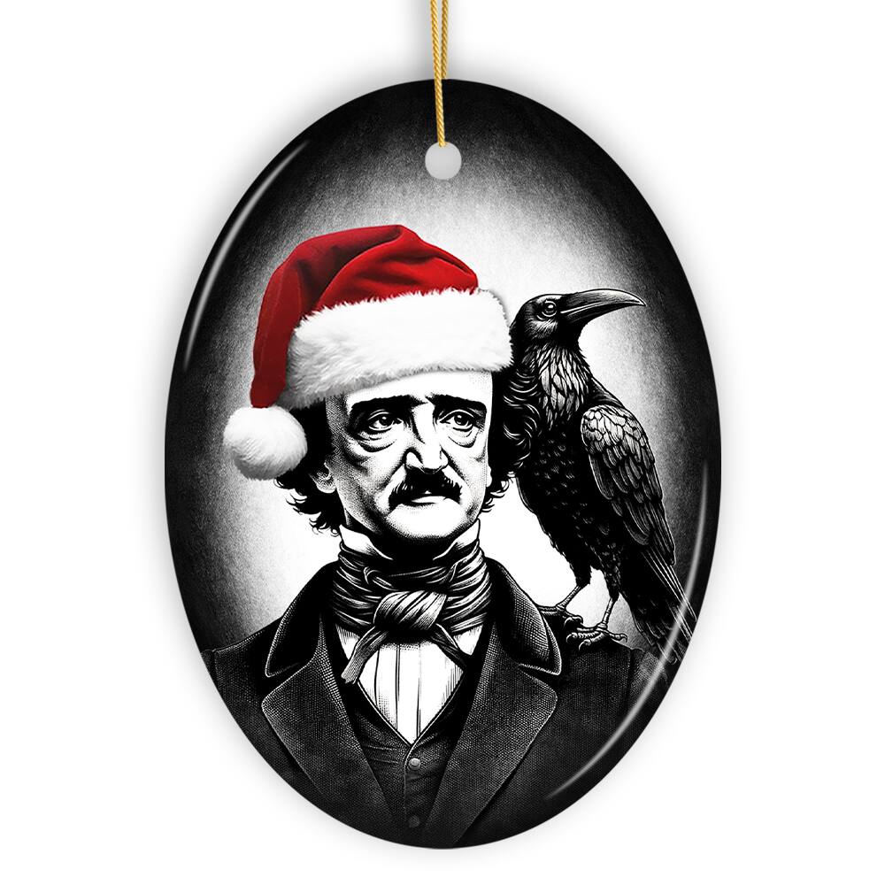 OrnamentallyYou - Gothic Edgar Allan Poe with Santa Hat And Raven Ornament Halloween Tree Christmas Decor Oval - Multi-colored
