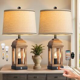 Pawtners - Set of 2 Farmhouse Table Lamps 26" with USB A+C, 3-Way Dimmable Touch Control & Night Light, Wood Grain