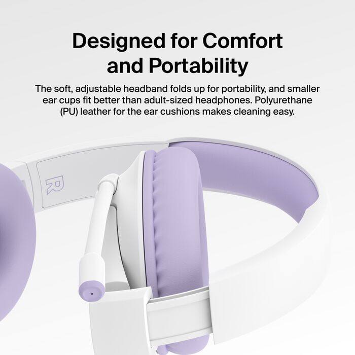 Designed for Comfort and Portability

The soft, adjustable headband folds up for portability, and smaller ear cups fit better than adult-sized headphones. Polyurethane (PU) leather for the ear cushions makes cleaning easy.