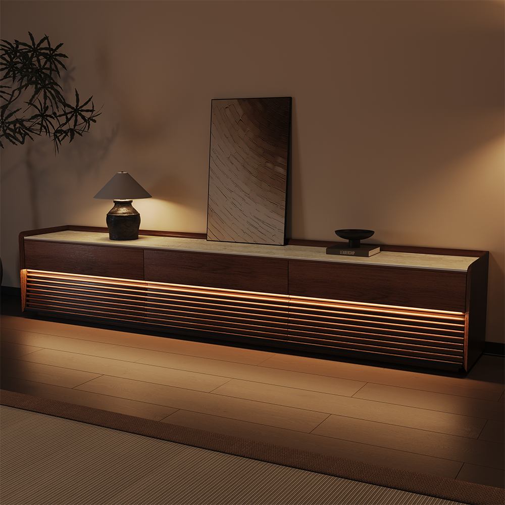 Angle. POVISON - 95" Fully-Assembled Mid-Century Matte Sintered Stone Tabletop TV Stand, Walnut Color Cabinet with Adjustable Light - Glossy White & Walnut.