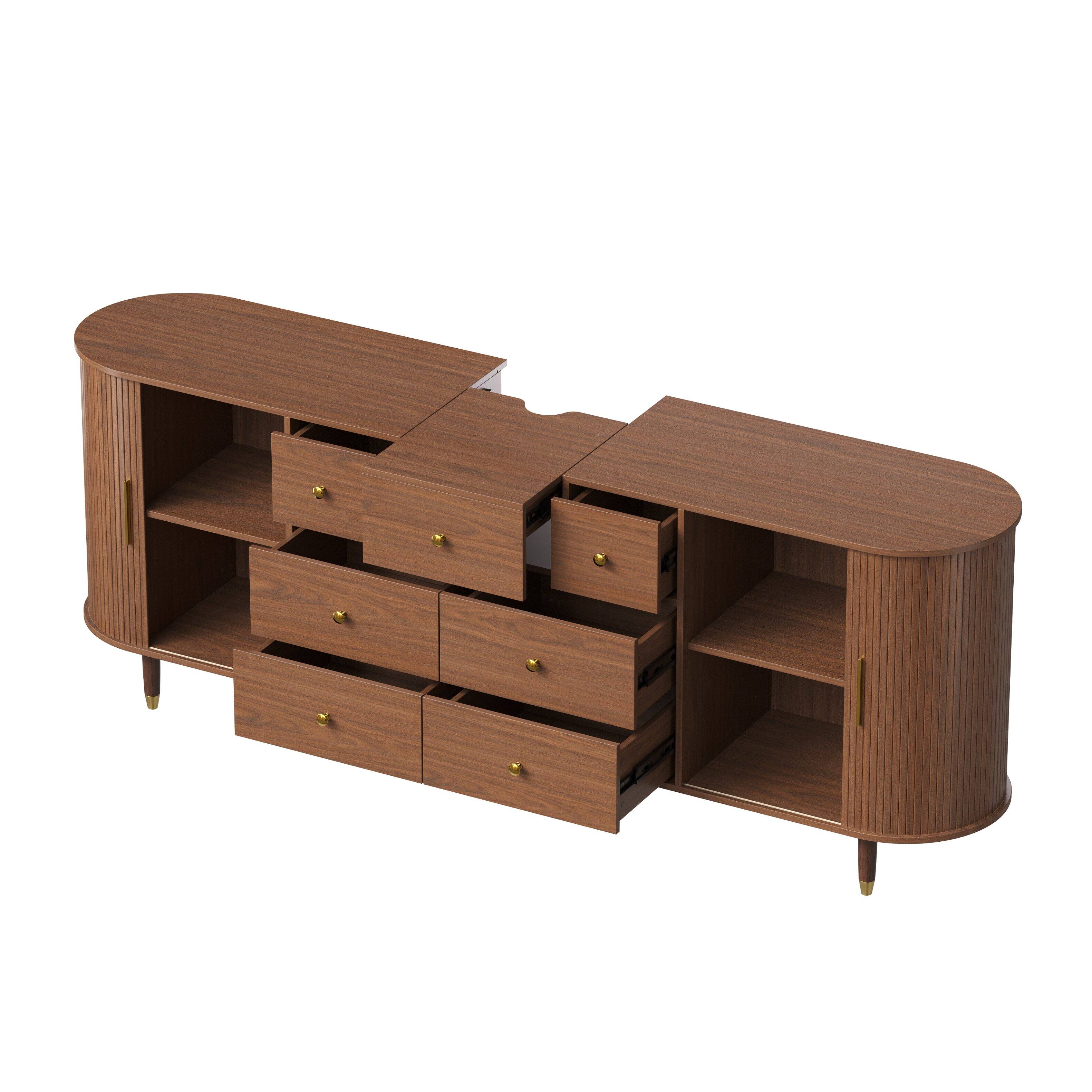 Back. Famapy - Walnut Fluted TV Stand, Mid-Century Media Console with Drawers, Sliding Doors & Short Throw Projector Top - Walnut.