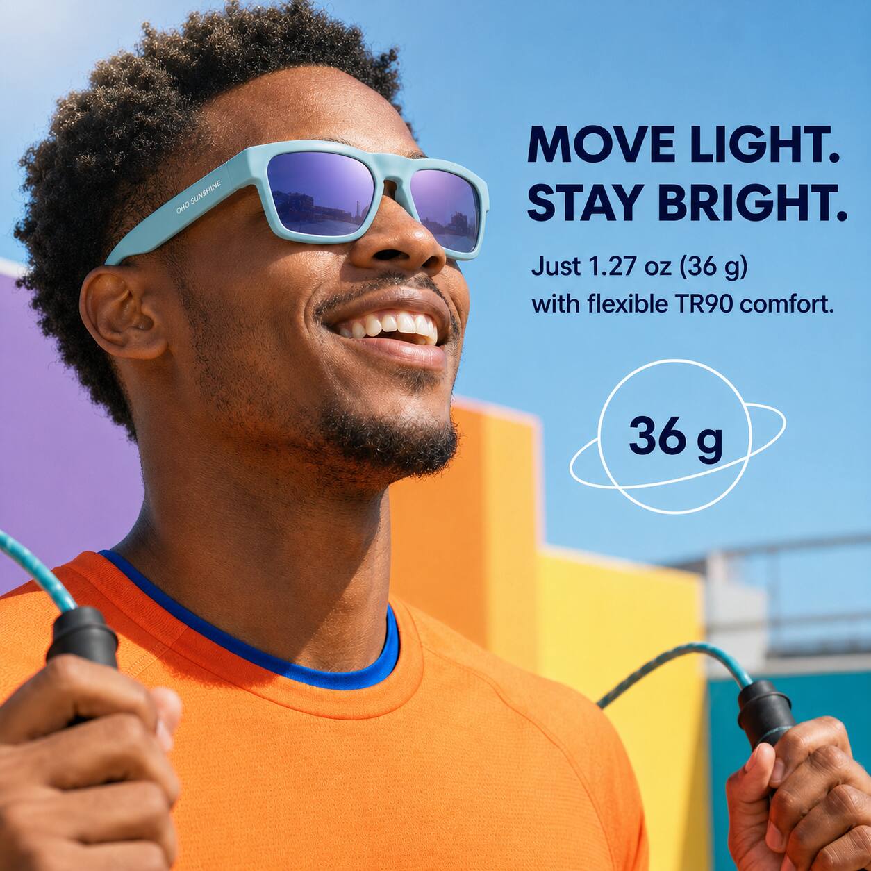 OHO SUNSHINE

MOVE LIGHT. STAY BRIGHT.

Just 1.27 oz (36 g) with flexible TR90 comfort.

36 g