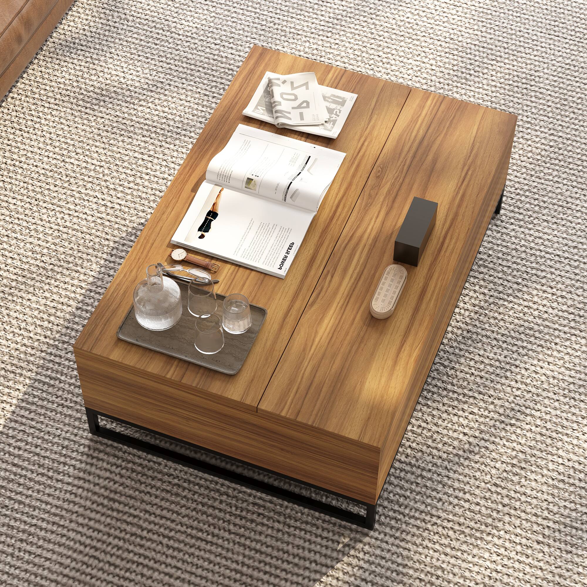 Alt View 2. luck idea - Modern 51.1" Lift-top Coffee Table with Storage Drawers Walnut Color living rooms - brown.