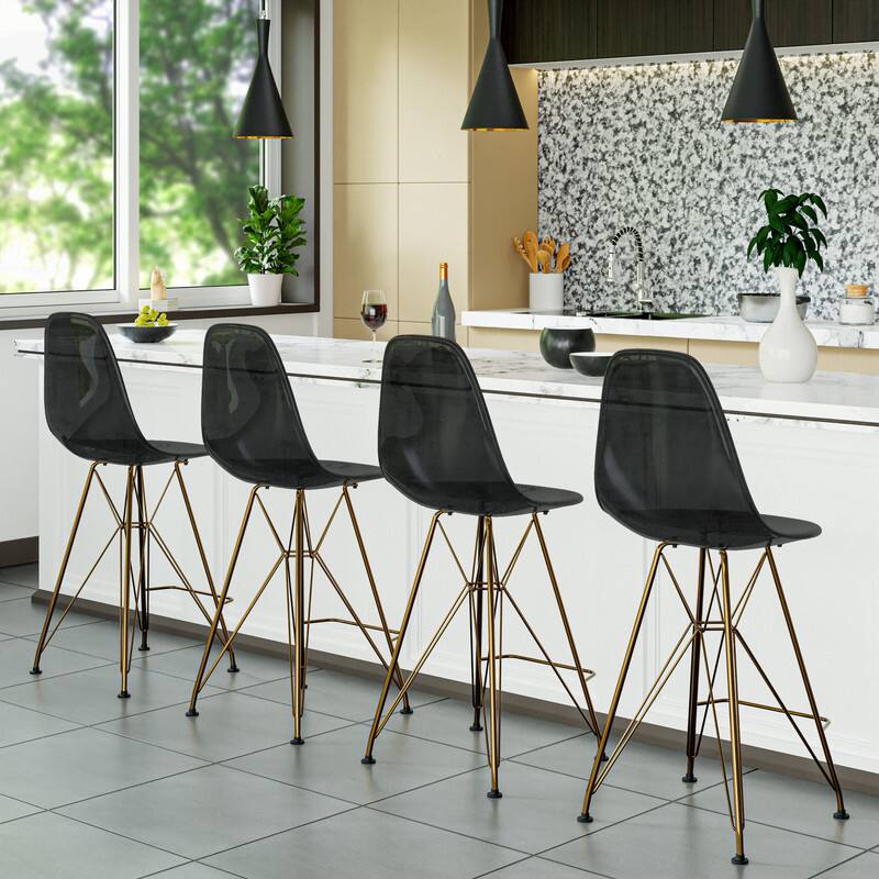 Back. LeisureMod - Cresco Modern Acrylic Barstool, Clear Swivel Counter Height Stool with Gold Chrome Base Footrest - Transparent Black.