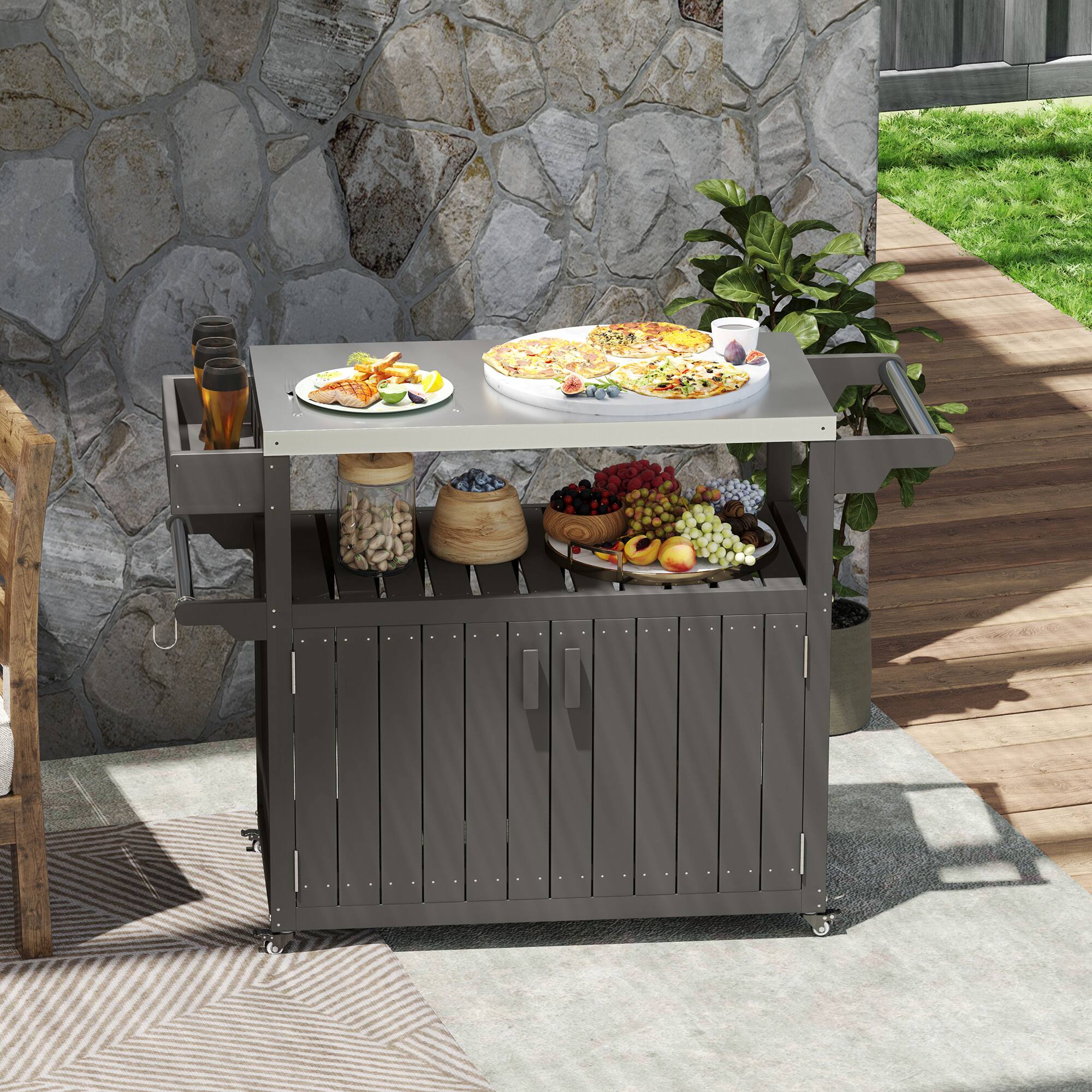 Alt View 1. Outsunny - Bar Cart with Storage, Stainless Steel Outdoor Bar Table Top - Dark Gray.