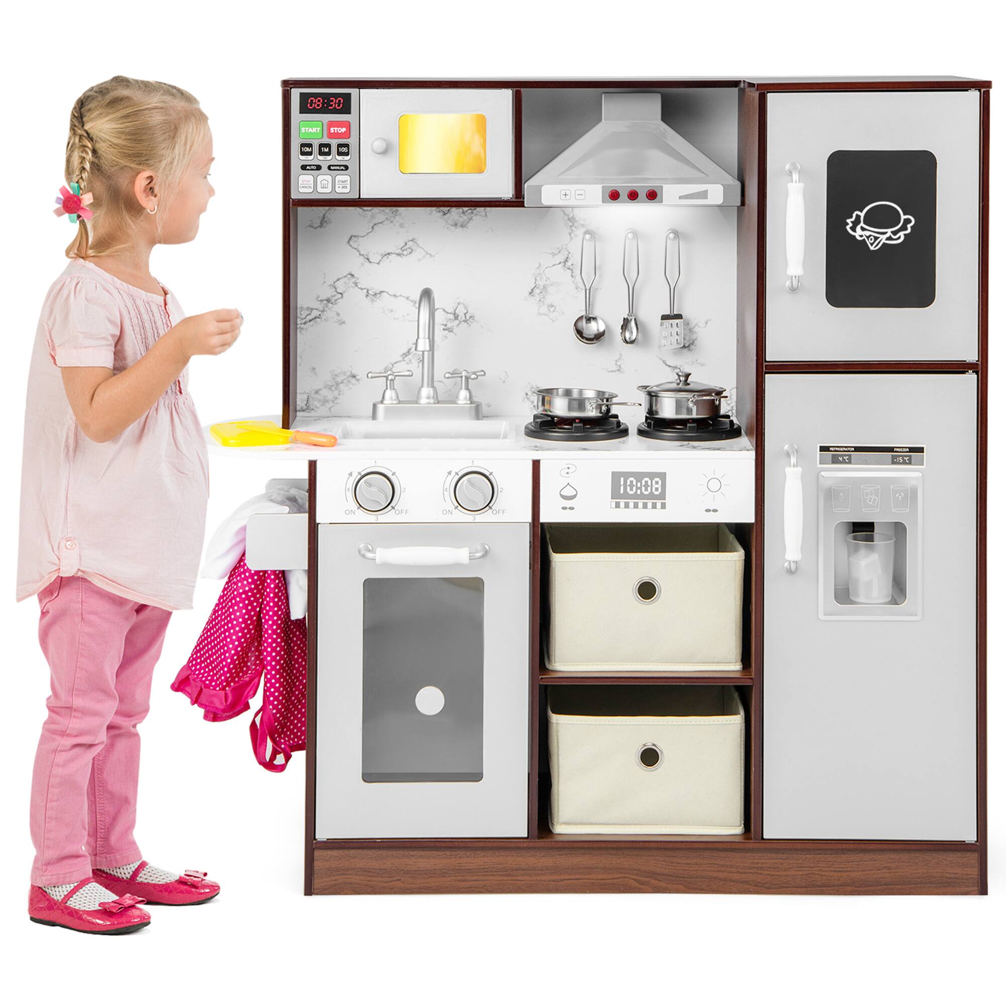 Gymax - Kids Kitchen Playset w/Attractive Lights & Sounds Range Hood Microwave Ice Maker - Coffee