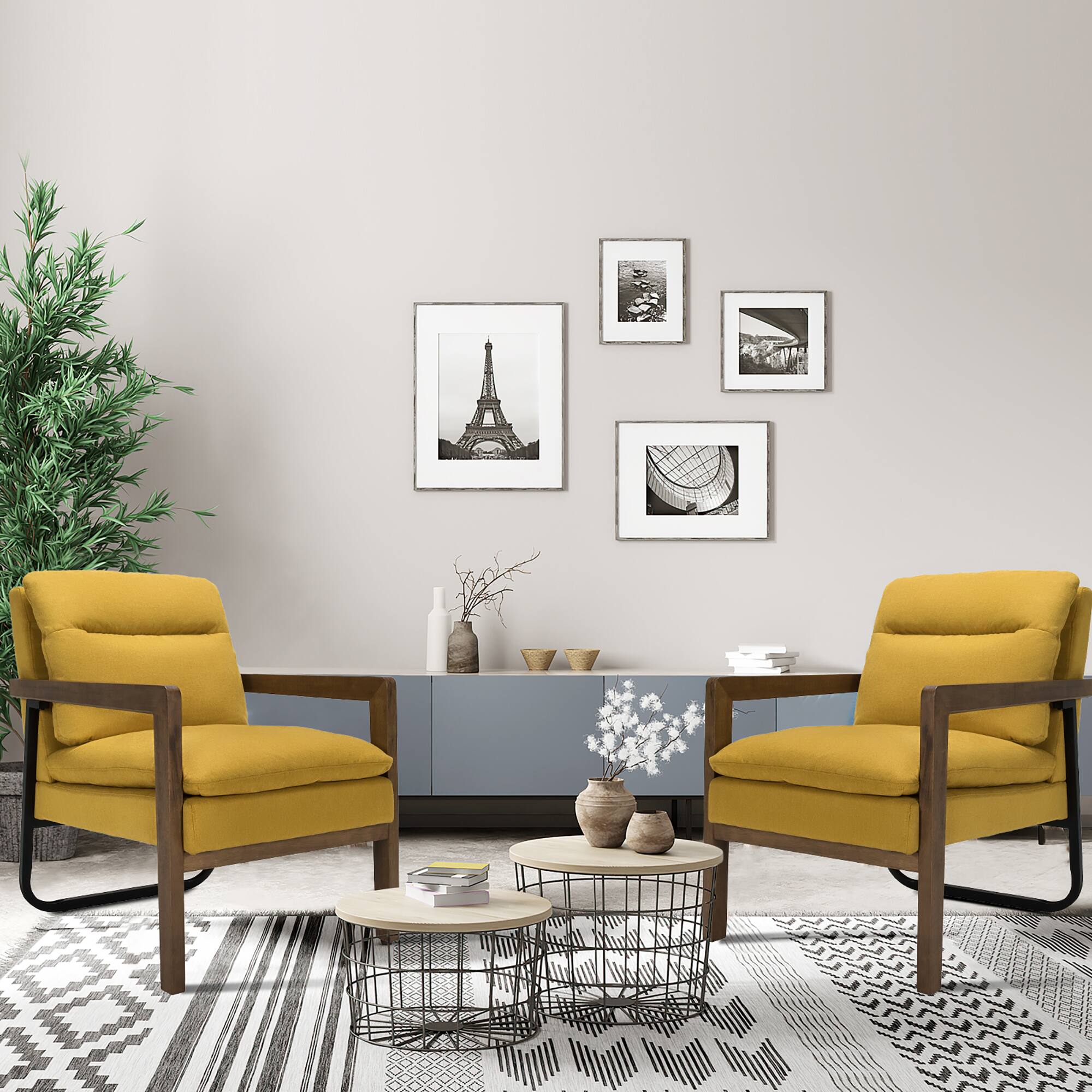 Alt View 2. Costway - Costway Set of 2 Modern Accent Armchair Lounge Chair w/ Wood Legs & Steel Bracket - Yellow.