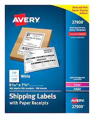 Avery 27900
Works with Most Popular Shipping Software
Free Easy-to-Use Avery Templates
avery.com/templates
White
51/16" x 75/8"
100 labels/100 receipts - 100 sheets
Shipping Labels with Paper Receipts
Laser & Smudge Free
Laser Inkjet
PRIORITY MAIL
PACKING RECEIPT
Guaranteed