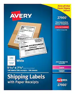 Avery - Laser/Inkjet Shipping Labels with Paper Receipts, 5-1/16" x 7-5/8", 100 Labels/Box - White