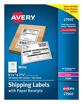 Avery 27900
Works with Most Popular Shipping Software
Free Easy-to-Use Avery Templates
avery.com/templates
White
51/16" x 75/8"
100 labels/100 receipts - 100 sheets
Shipping Labels with Paper Receipts
Laser & Smudge Free
Laser Inkjet
PRIORITY MAIL
PACKING RECEIPT
Guaranteed