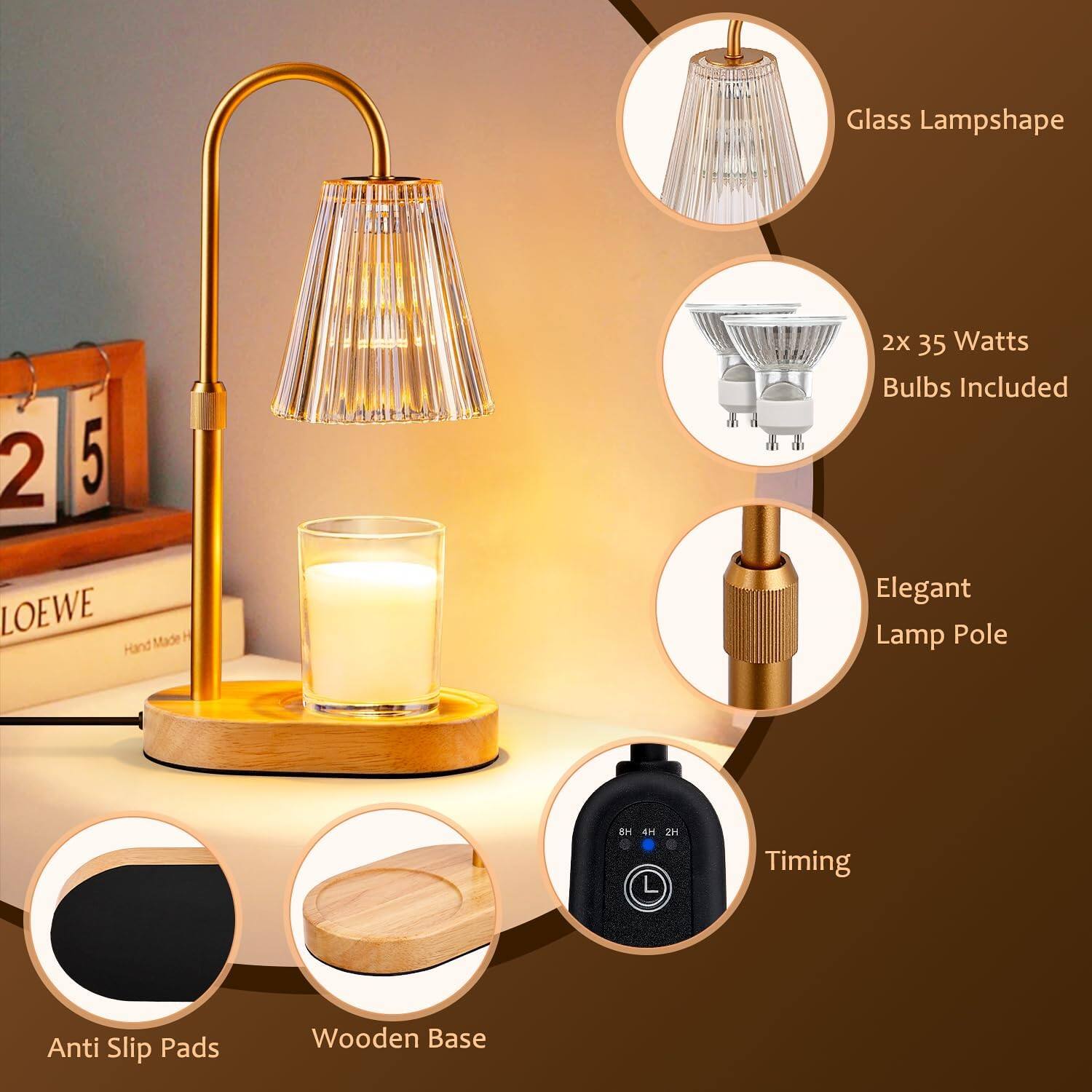 Glass Lampshape  
2x 35 Watts Bulbs Included  
Elegant Lamp Pole  
Timing  
Anti Slip Pads  
Wooden Base