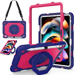 Dteck - Shockproof Case for Apple iPad (A16) 11" 2025 & iPad 10th Gen 10.9" with Strap & 360° Stand,Rugged Cover+Plastic Stylus - Rose