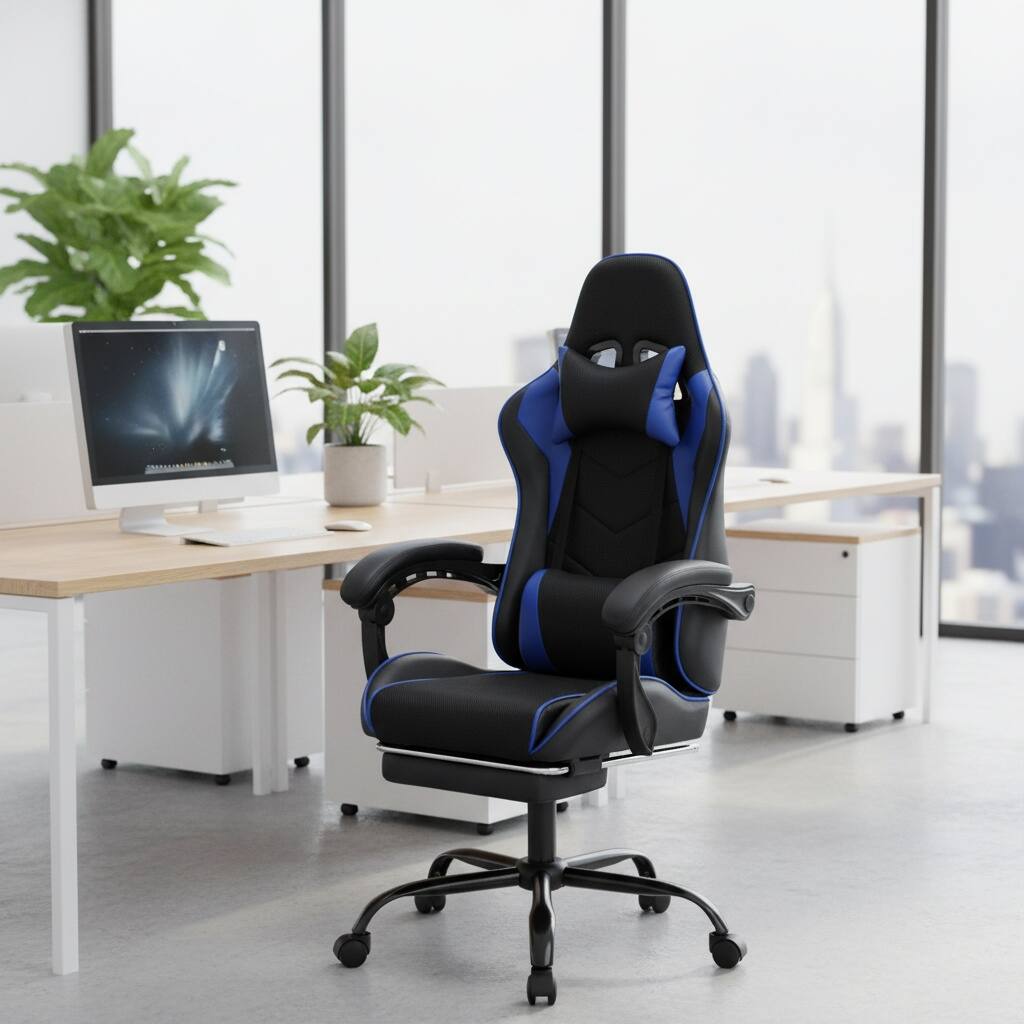 Left. Forest'nSky - Gaming Chair with Massage, PU Leather Racing Style Sports Car Seat, Moulded Sponge, Desk Chair,Blue - Blue.