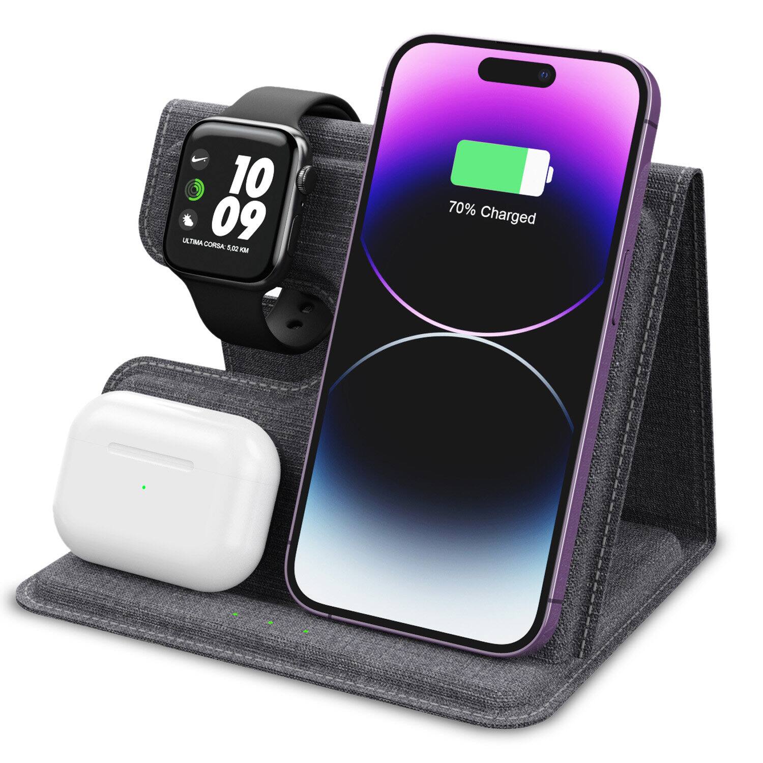 Alpha Digital - 3-in-1 Leather 18W Wireless Charger - SmartPhone, Earbuds & SmartWatch - Gray