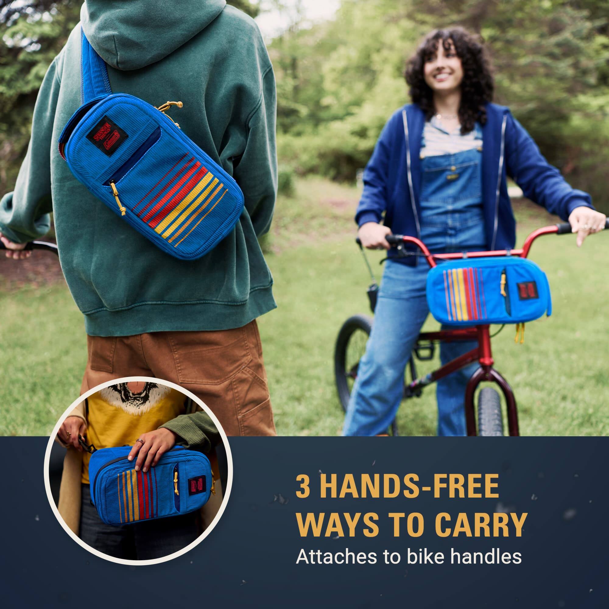 3 Hands-Free Ways to Carry  
Attaches to bike handles