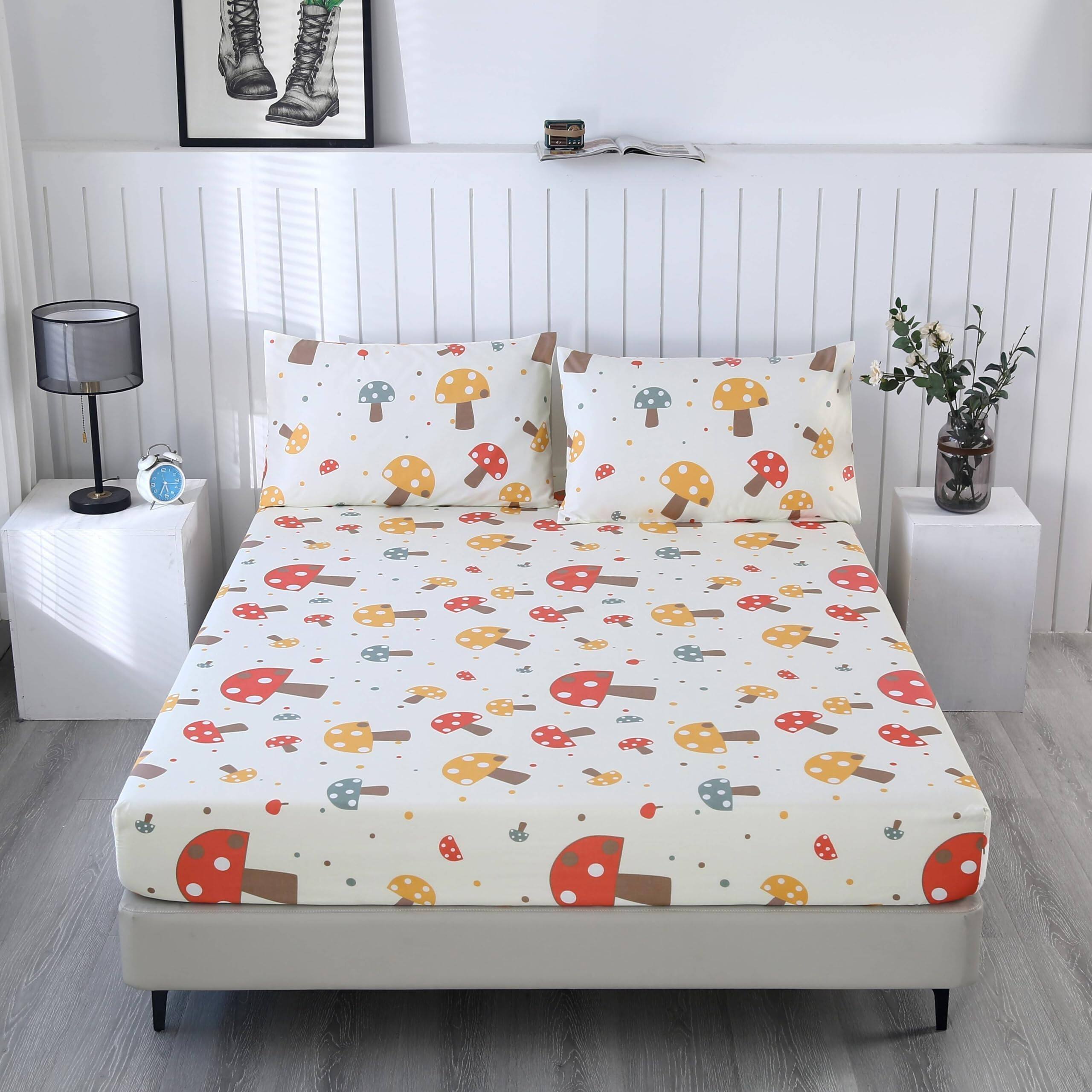 Back. Fabibe - Cute Mushroom Fitted Sheet With 2 Pillowcases Not Including Flat Soft Microfiber Deep Pocket Sheets For - Mushroom-Full.