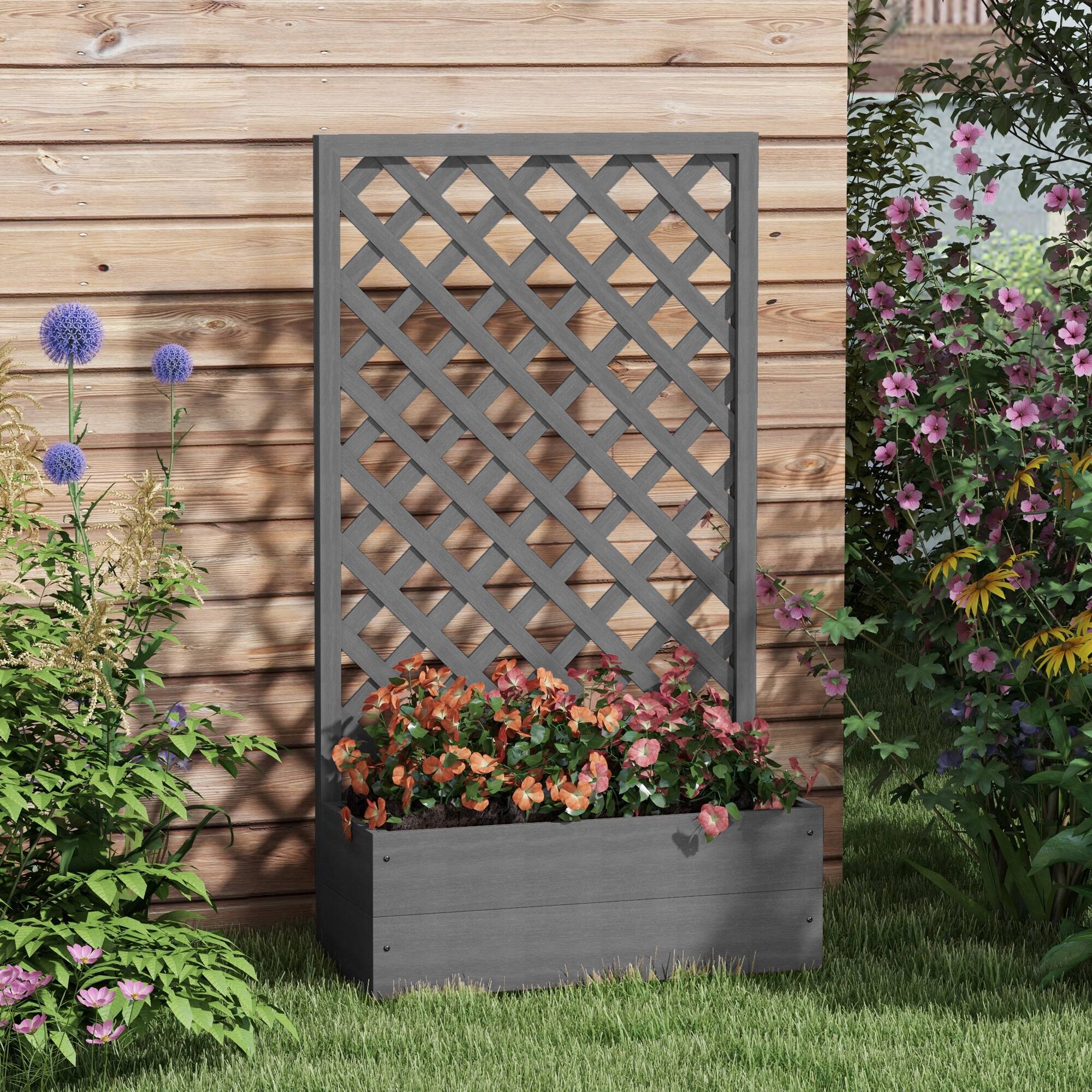 Angle. Outsunny - Outsunny Raised Garden Bed with Trellis Lattice, Wood Planter Box with Self Draining Gap, Freestanding Trellis Planter - Dark Gray.