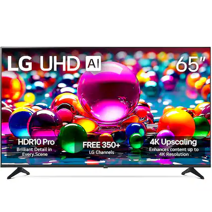 LG UHD AI 65"
HDR10 Pro
Brilliant Detail in Every Scene
FREE 350+ LG Channels
4K Upscaling
Enhances content up to 4K Resolution