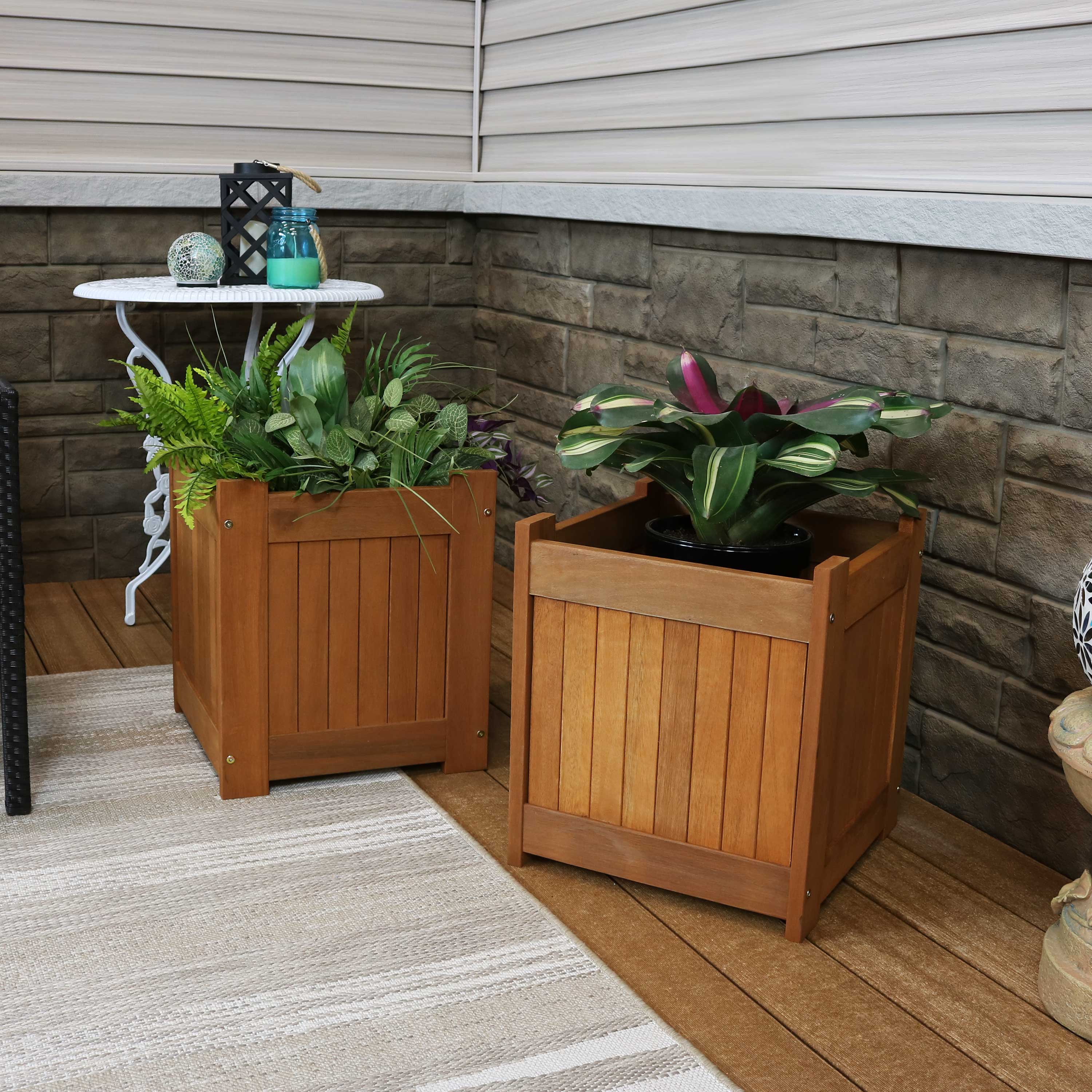 Alt View 3. Sunnydaze - Meranti Wood Decorative Square Planter Box - 16 in - Set of 2 - Brown.