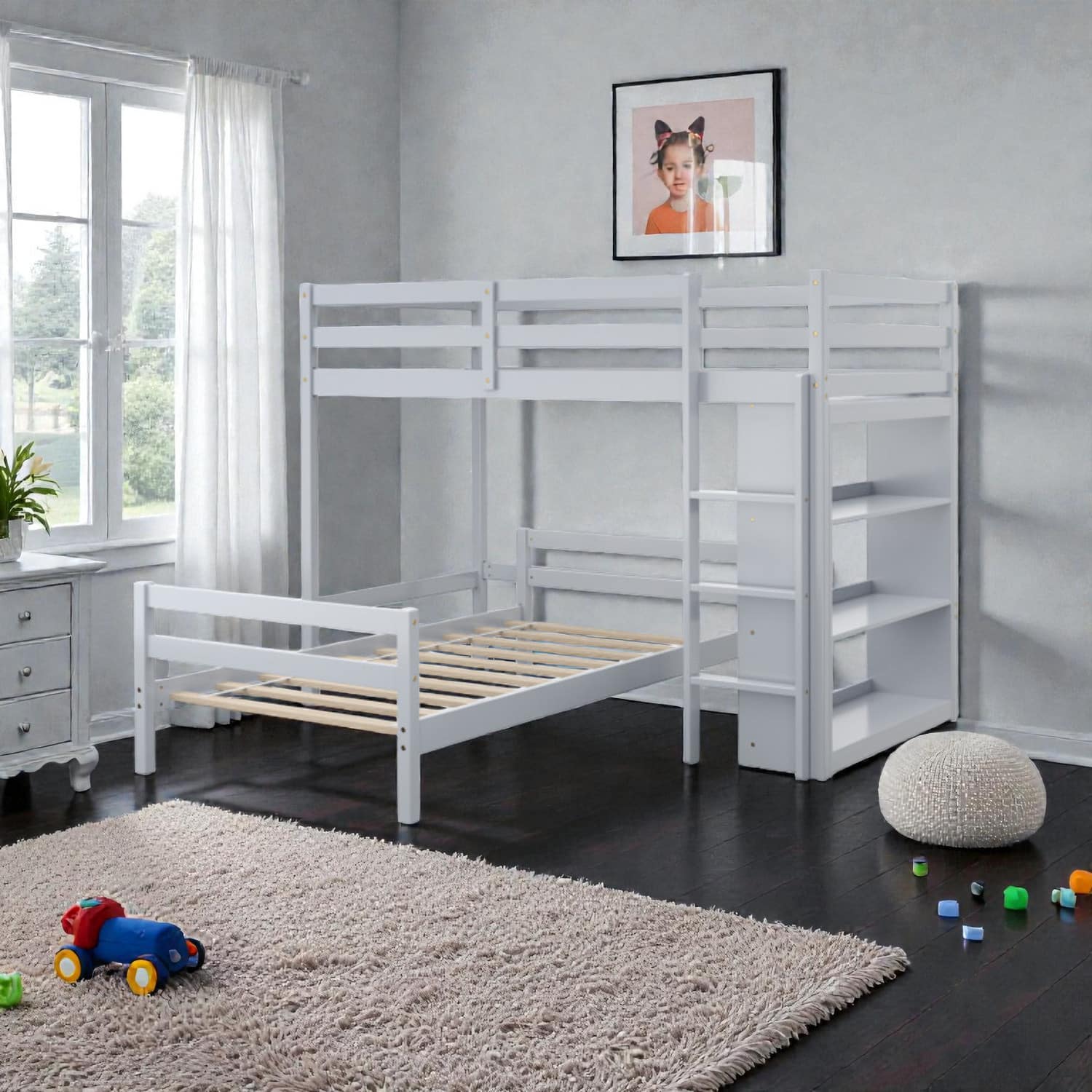 Hivvago - Twin-Over-Twin Elevated Bunk Bed Featuring 3-Tier Bookshelf - Gray