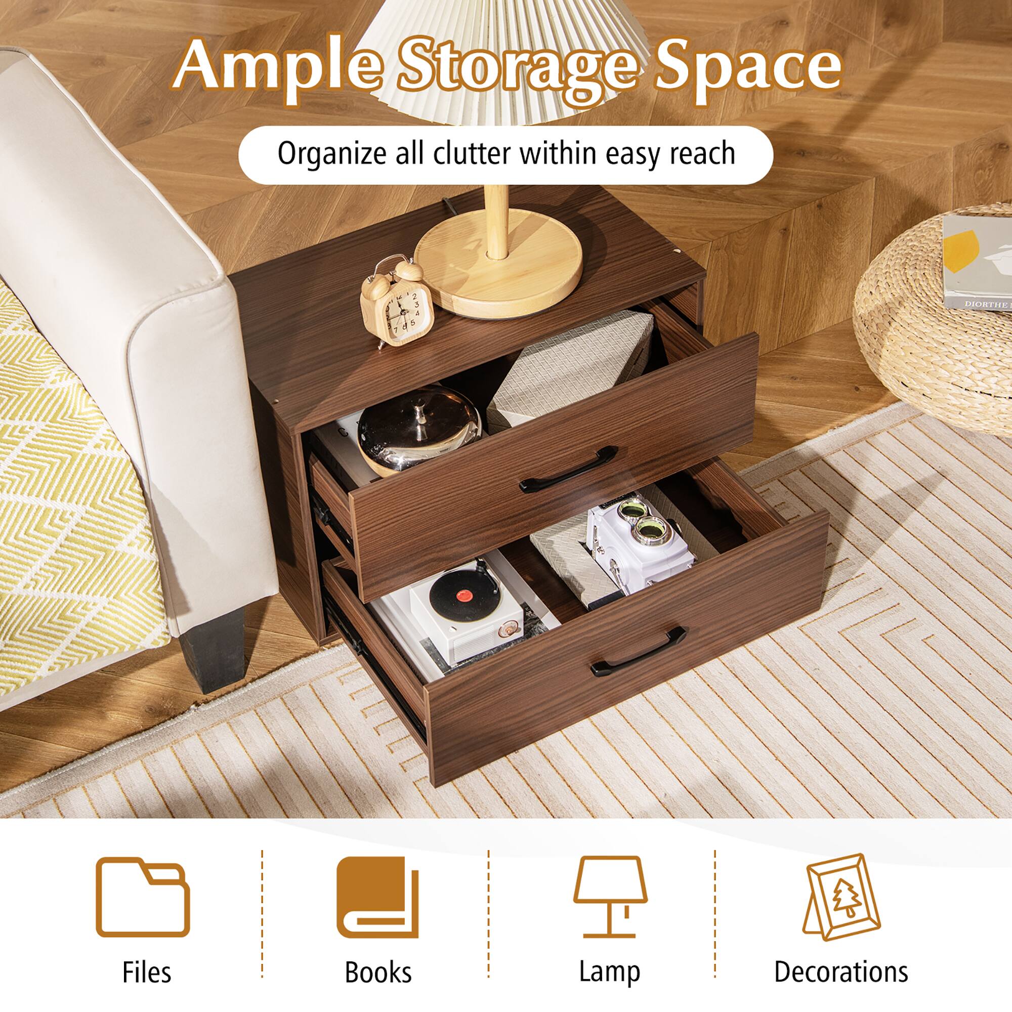 Ample Storage Space  
Organize all clutter within easy reach  

Files  
Books  
Lamp  
Decorations