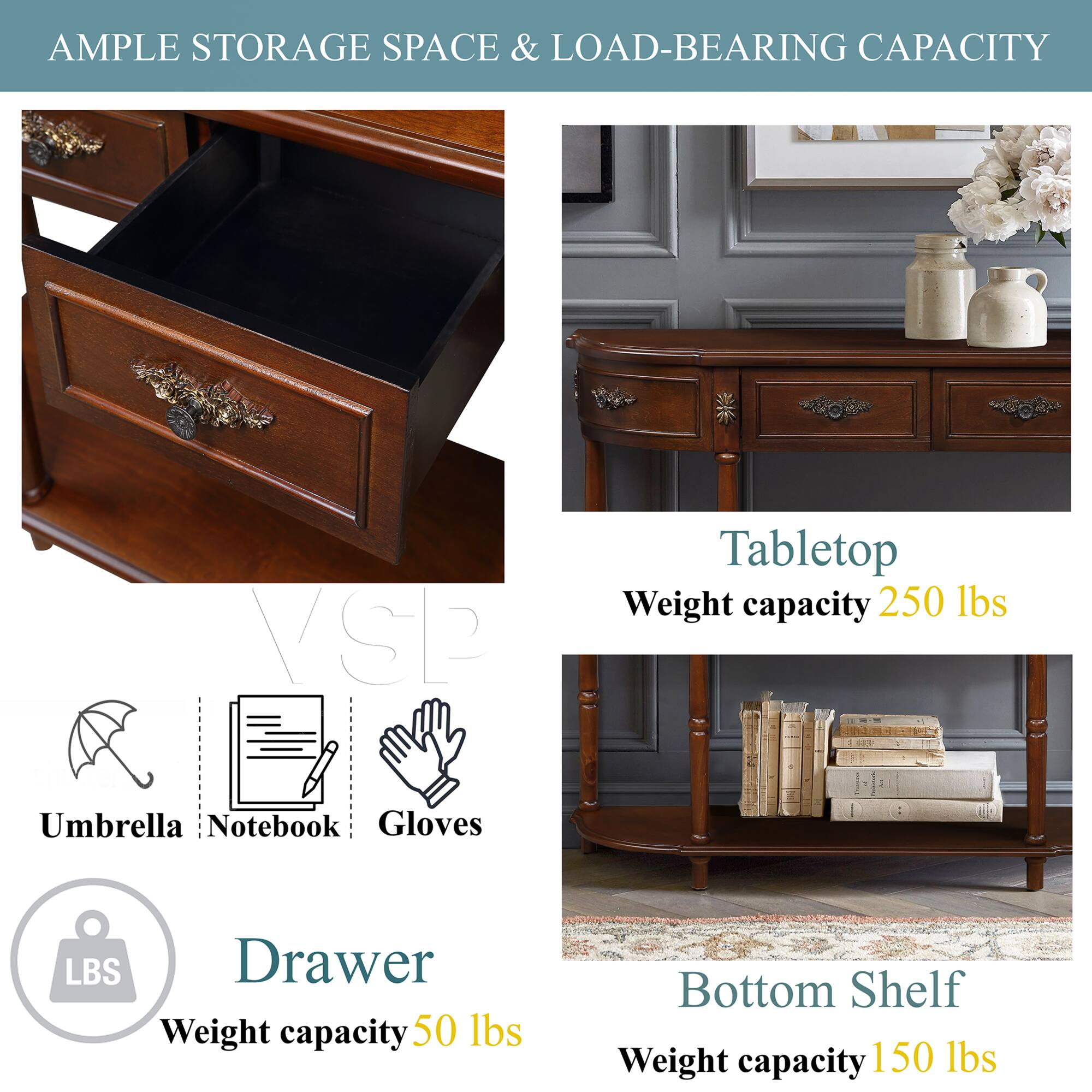**AMPLE STORAGE SPACE & LOAD-BEARING CAPACITY**

- **Tabletop**
  - Weight capacity: 250 lbs

- **Drawer**
  - Weight capacity: 50 lbs

- **Bottom Shelf**
  - Weight capacity: 150 lbs

- **Umbrella**
- **Notebook**
- **Gloves**