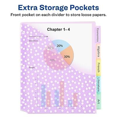 Extra Storage Pockets  
Front pocket on each divider to store loose papers.

Chapter 1-4  
Definition: 40%  
Graph: 30%  
Instructor: 20%  
Sm: 10%

Economics  
Algebra  
French  
Literature  
Art