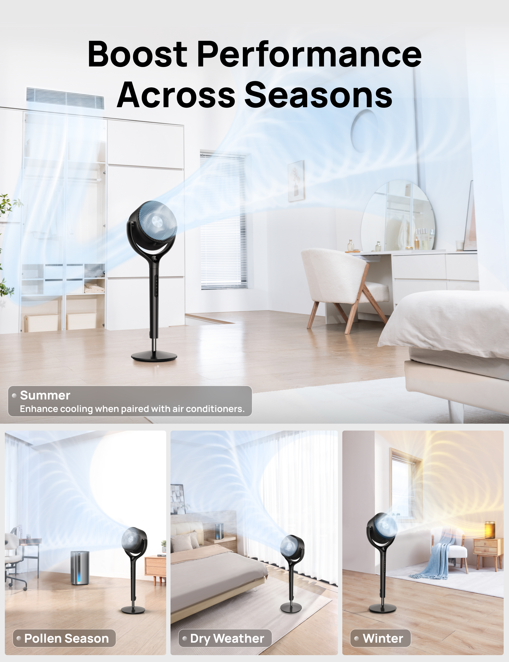 Boost Performance Across Seasons

- Summer: Enhance cooling when paired with air conditioners.
- Pollen Season
- Dry Weather
- Winter