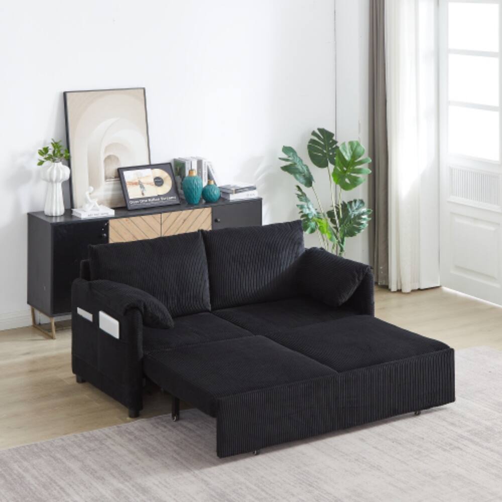 Alt View 1. LUCKY ONE - 64.5 Inch 3-in-1 Adjustable Corduroy Sleeper Sofa Bed with Pullout Bed, 2 Pillows, Side Pockets, Recliner Function - Black.