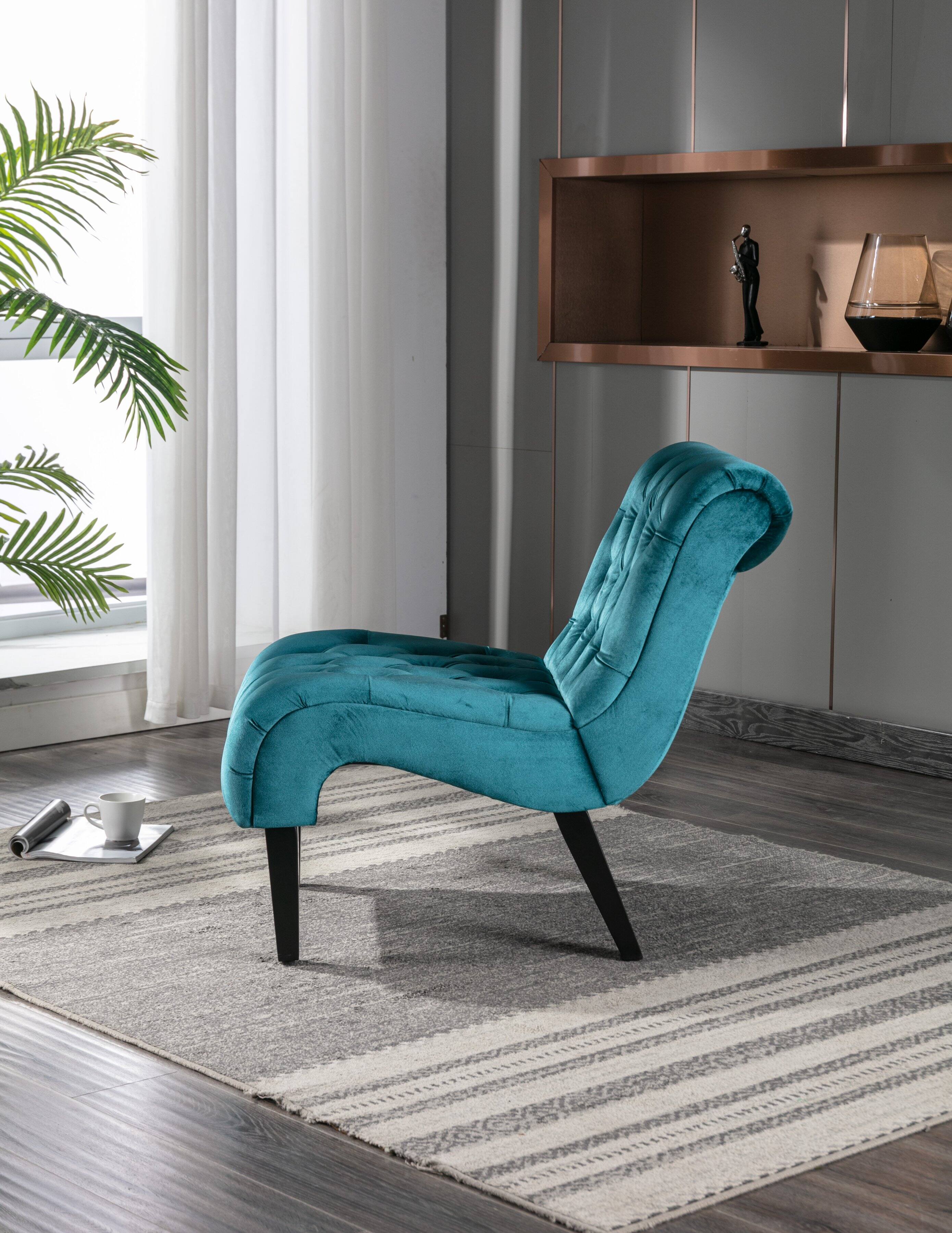 Left. Trinkets Crazed - Velvet Accent Lounge Chair for Living Room, Modern Leisure Chair with Tufted Backrest, Indoor Armless Side Chair - Teal.