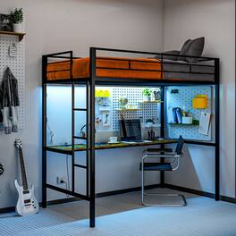 Homcom - Loft Bed Twin Size with Desk, LED Lights, Charging Station, Metal Loft Bed Frame for Teens and Adults - Black