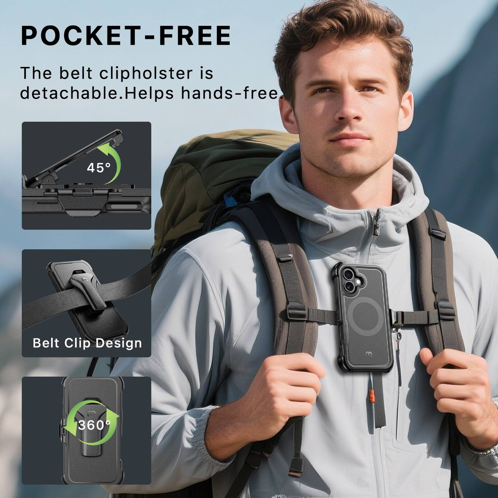 POCKET-FREE

The belt clip holster is detachable. Helps hands-free.

45°

Belt Clip Design

360°