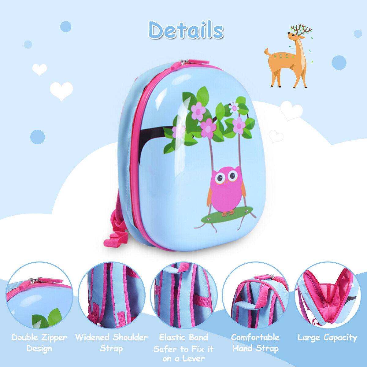 The image features a blue backpack with a pink design, including a picture of a deer. The backpack has a double zipper, widened shoulder, and an elastic band strap for added comfort and safety. It also has a hand strap for easy carrying. The backpack is designed to be comfortable and spacious, with a large capacity to accommodate various items.
