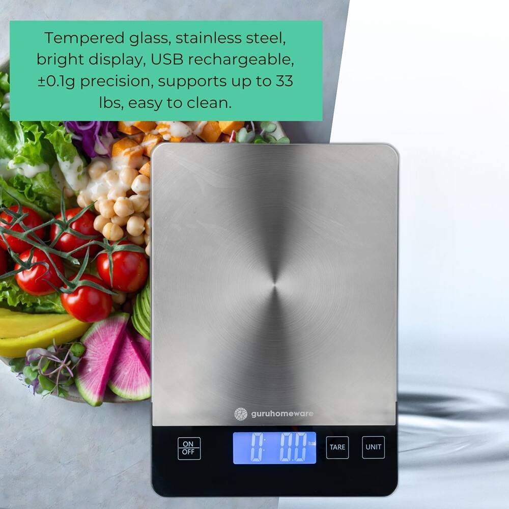 Tempered glass, stainless steel, bright display, USB rechargeable, ±0.1g precision, supports up to 33 lbs, easy to clean.

ON OFF guruhomeware 00 TARE UNIT