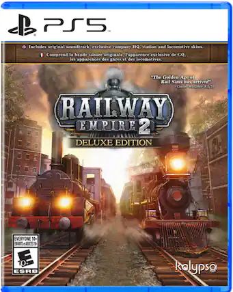 PS5 includes original soundtrack, exclusive company HQ, station, and locomotive skins. "The Golden Age of Rail Sims has arrived" - Game Watcher 8.5/10. RAILWAY EMPIRE 2 DELUXE EDITION. EVERYONE 10+. ENFANTS ET ADULTES. 1 105 ESRB. kalypso. - E10+ (Everyone 10+)