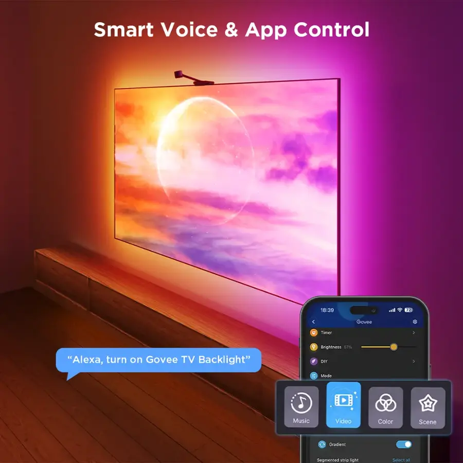 Smart Voice & App Control: "Alexa, turn on Govee TV Backlight"

V Brightness: 67%

DIY e Mode: Music Video Color Scene

Cranient Segmented strip light: Select at A