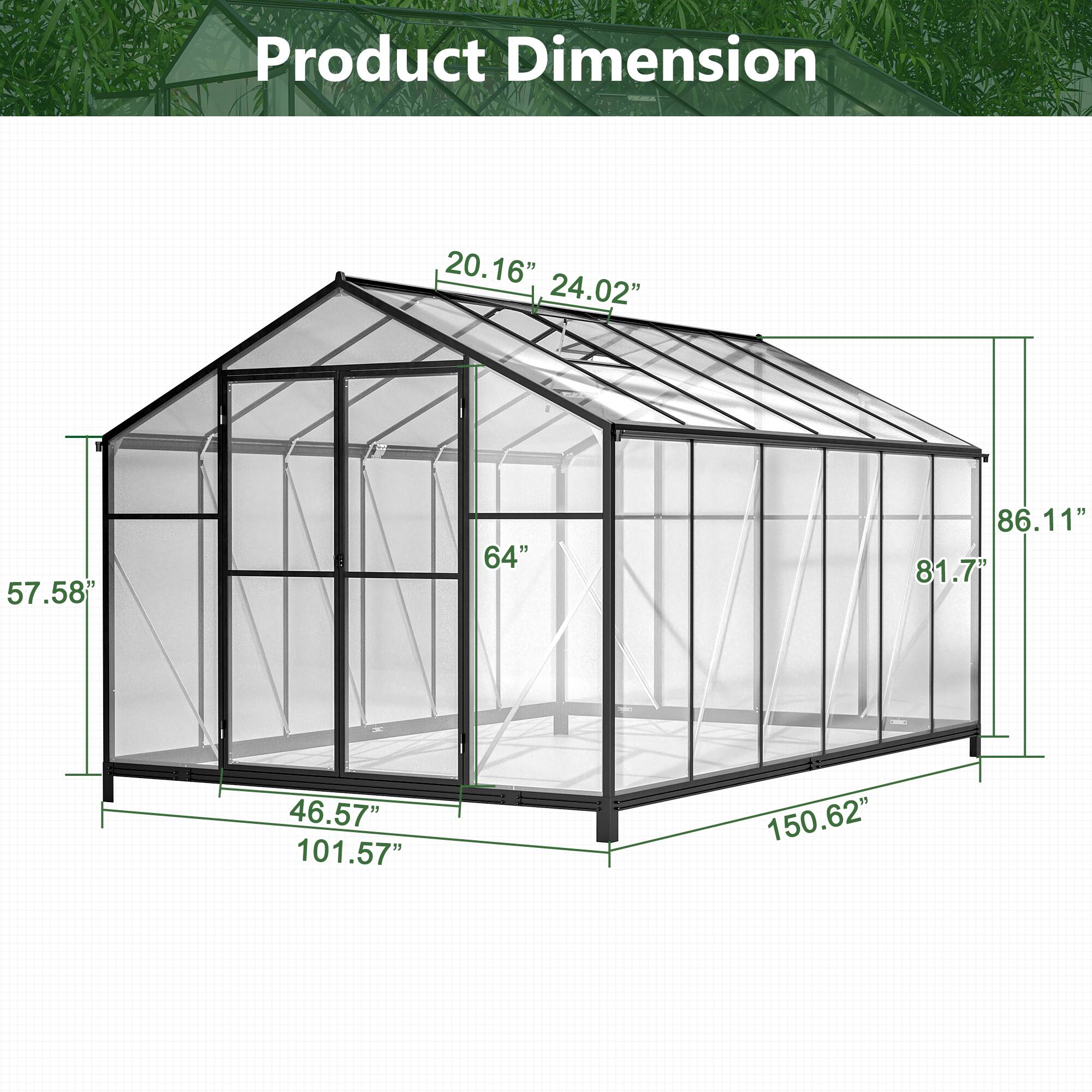 Product Dimension  
20.16" x 24.02" x 57.58" x 64" x 86.11" x 81.7" x 46.57" x 101.57" x 150.62"
