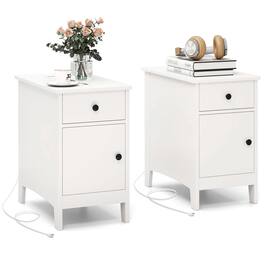 Costway - 2 PCS End Table with Charging Station Flip Top Bedside Table with USB Ports & Outlets - White
