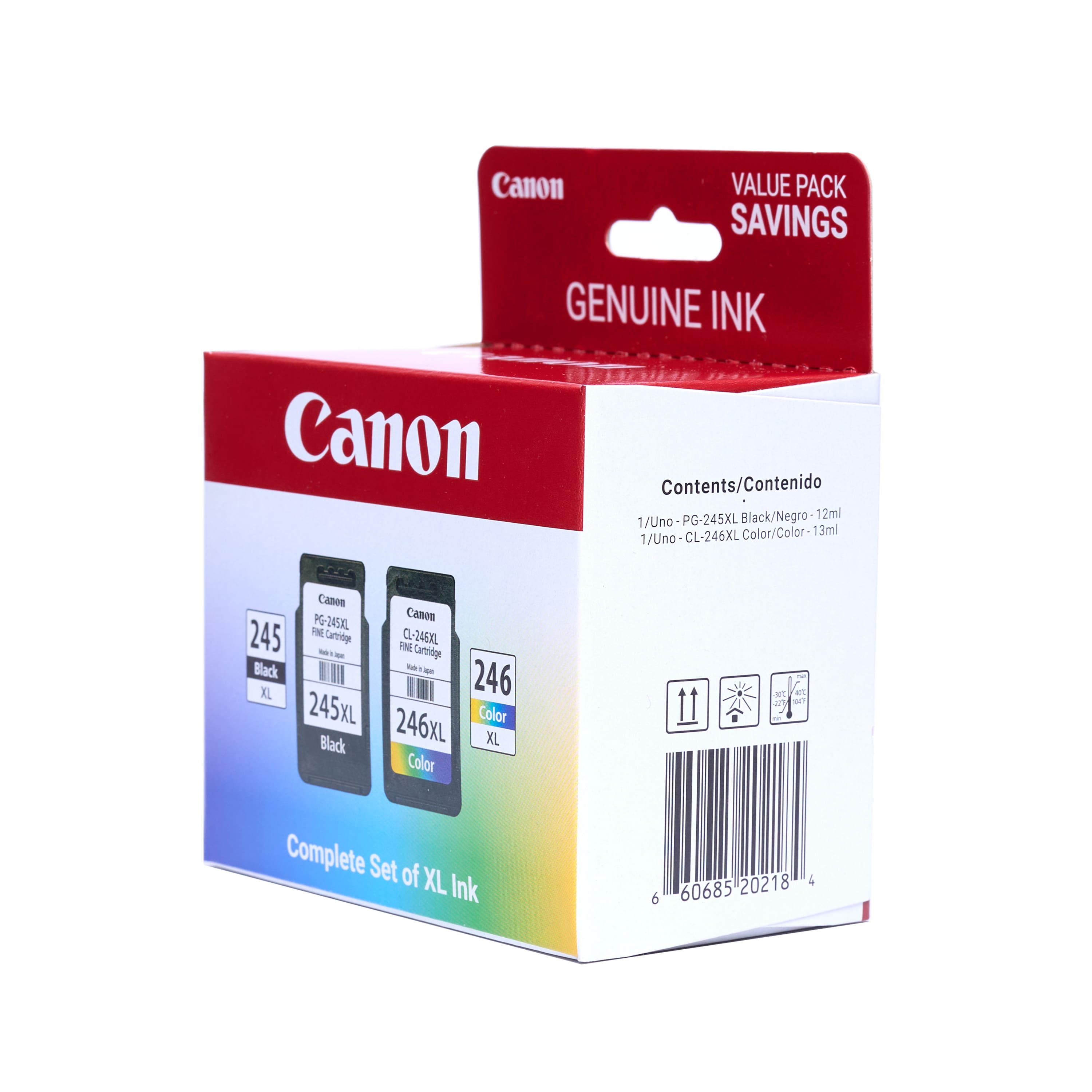 Canon Value Pack Saving Genuine Ink. Contents: PG-245XL Black (12ml), CL-246XL Color (13ml). Complete Set of XL Ink.