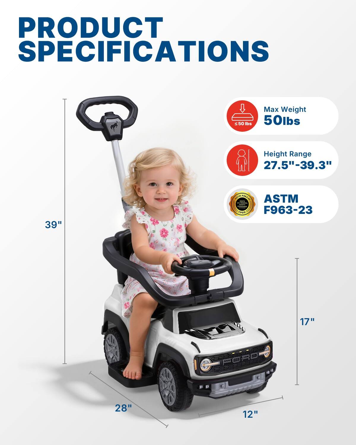 PRODUCT SPECIFICATIONS

Max Weight: 50 lbs

Height Range: 27.5" - 39.3"

ASTM F963-23

TW: 17" x 28" x 12"