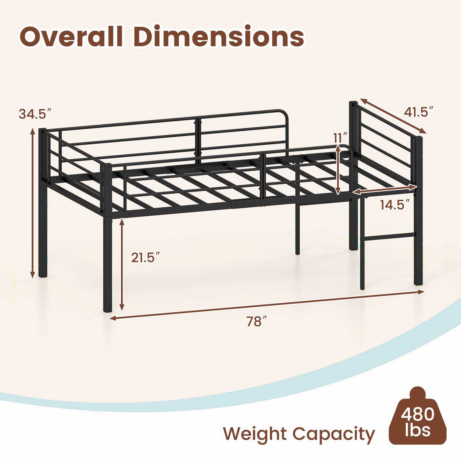 Overall Dimensions: 34.5" x 41.5" x 11" x 14.5" x 21.5" x 78"  
Weight Capacity: 480 lbs