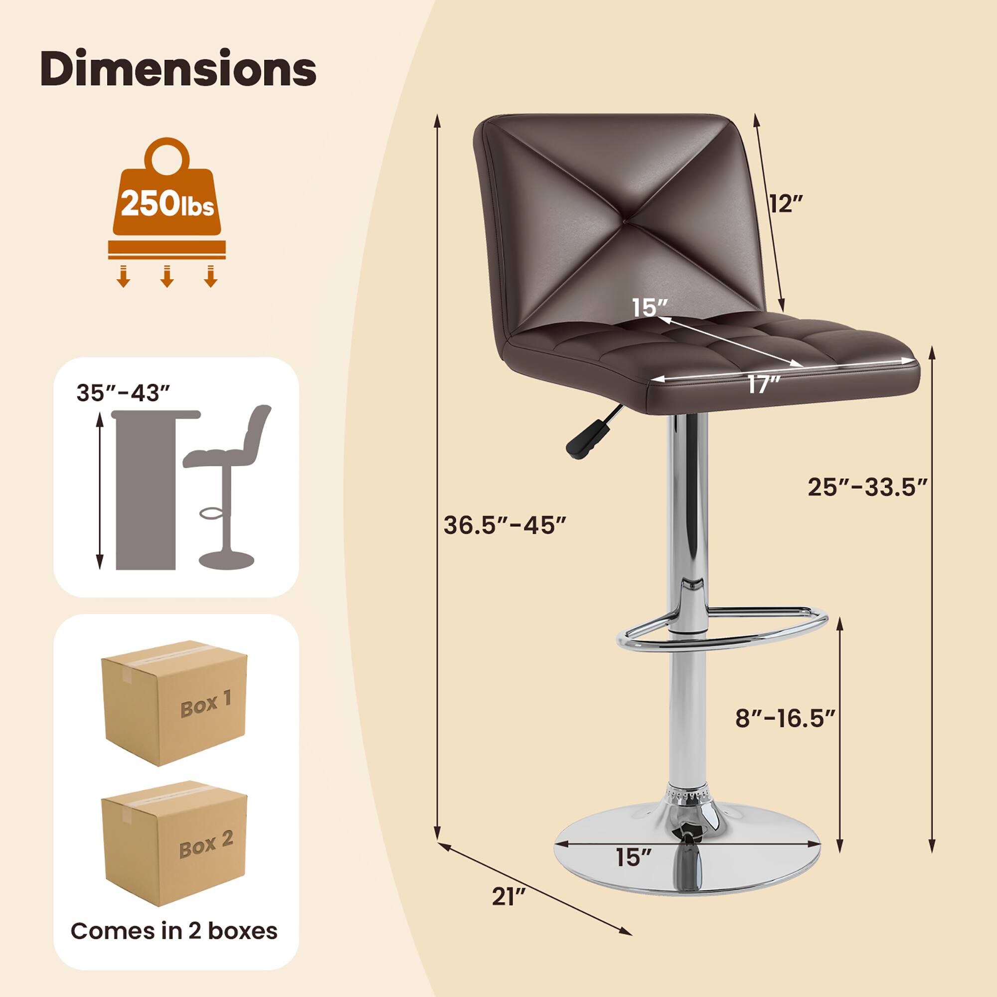 Dimensions: 250lbs, 12", 15", 35"-43", 17", 36.5"-45", 25"-33.5", 8"-16.5", 21", 15"

Boxes: Box 1, Box 2, Comes in 2 boxes