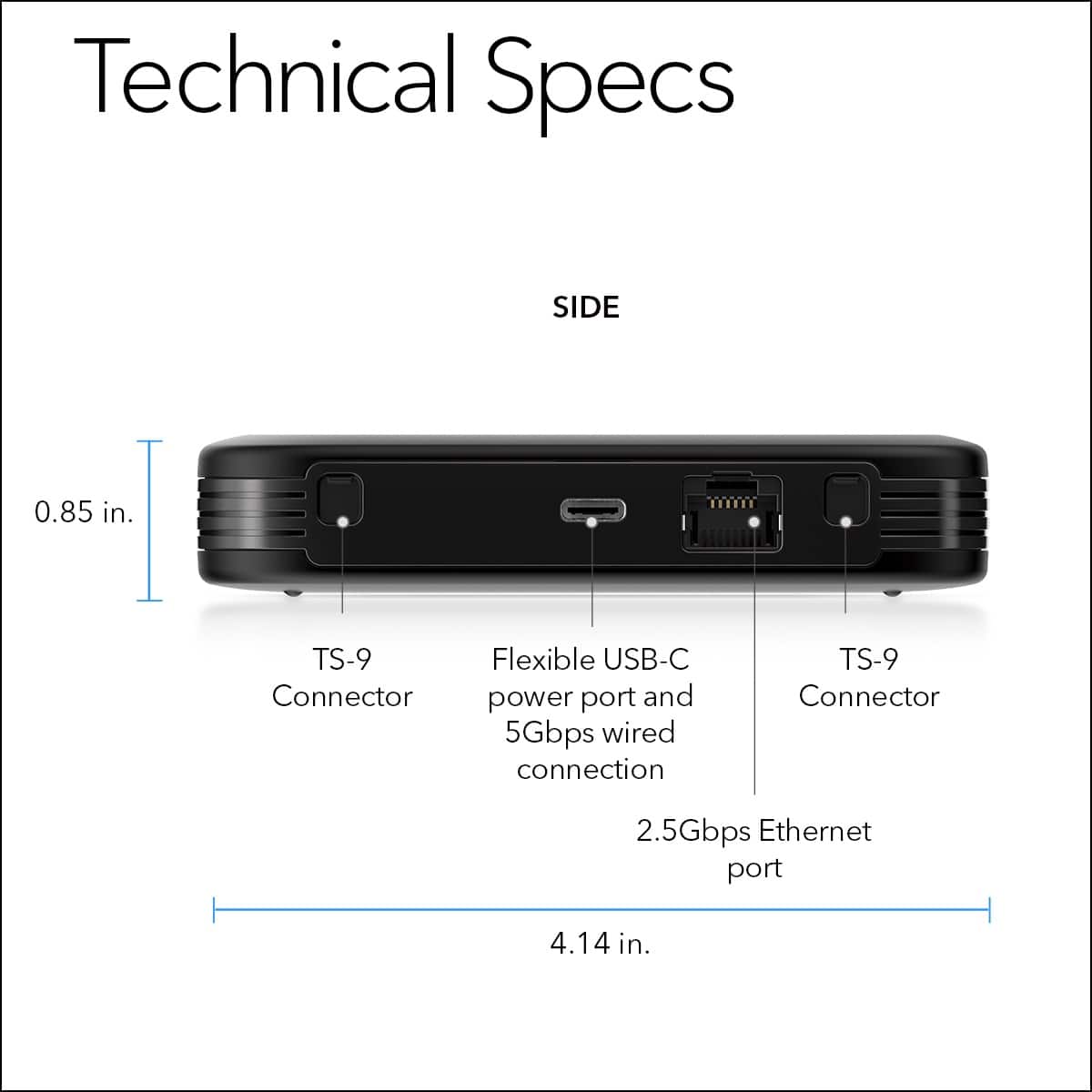 Technical Specs:
* Side: 0.85 in.
* TS-9 Connector: Flexible USB-C power port and 5Gbps wired connection
* TS-9 Connector: 2.5Gbps Ethernet port
* 4.14 in.