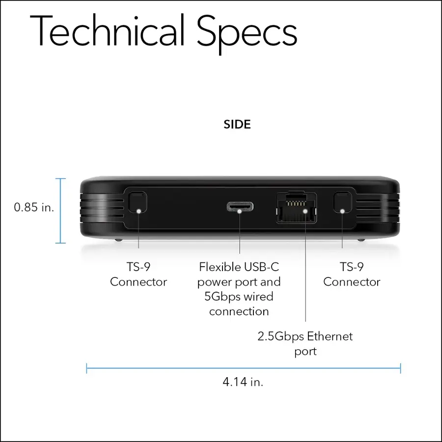 Technical Specs:

* Side: 0.85 in.
* TS-9 Connector: Flexible USB-C power port and 5Gbps wired connection
* TS-9 Connector: 2.5Gbps Ethernet port
* 4.14 in.