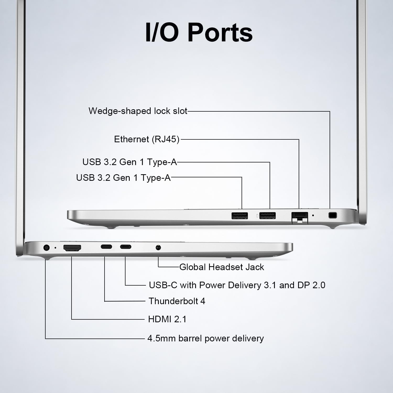 I/O Ports

- Wedge-shaped lock slot
- Ethernet (RJ45)
- USB 3.2 Gen 1 Type-A
- USB 3.2 Gen 1 Type-A
- Global Headset Jack
- USB-C with Power Delivery 3.1 and DP 2.0 Thunderbolt 4
- HDMI 2.1
- 4.5mm barrel power delivery