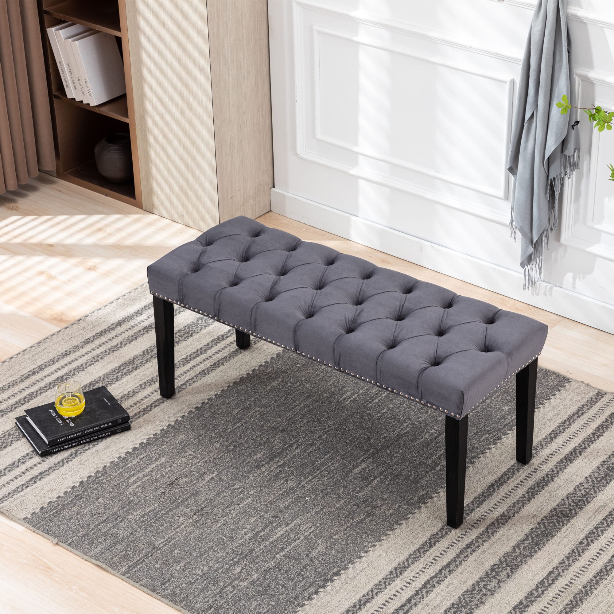TinyHomie - Heng Ming Upholstered Tufted Velvet Bench Ottoman Dark - Gray