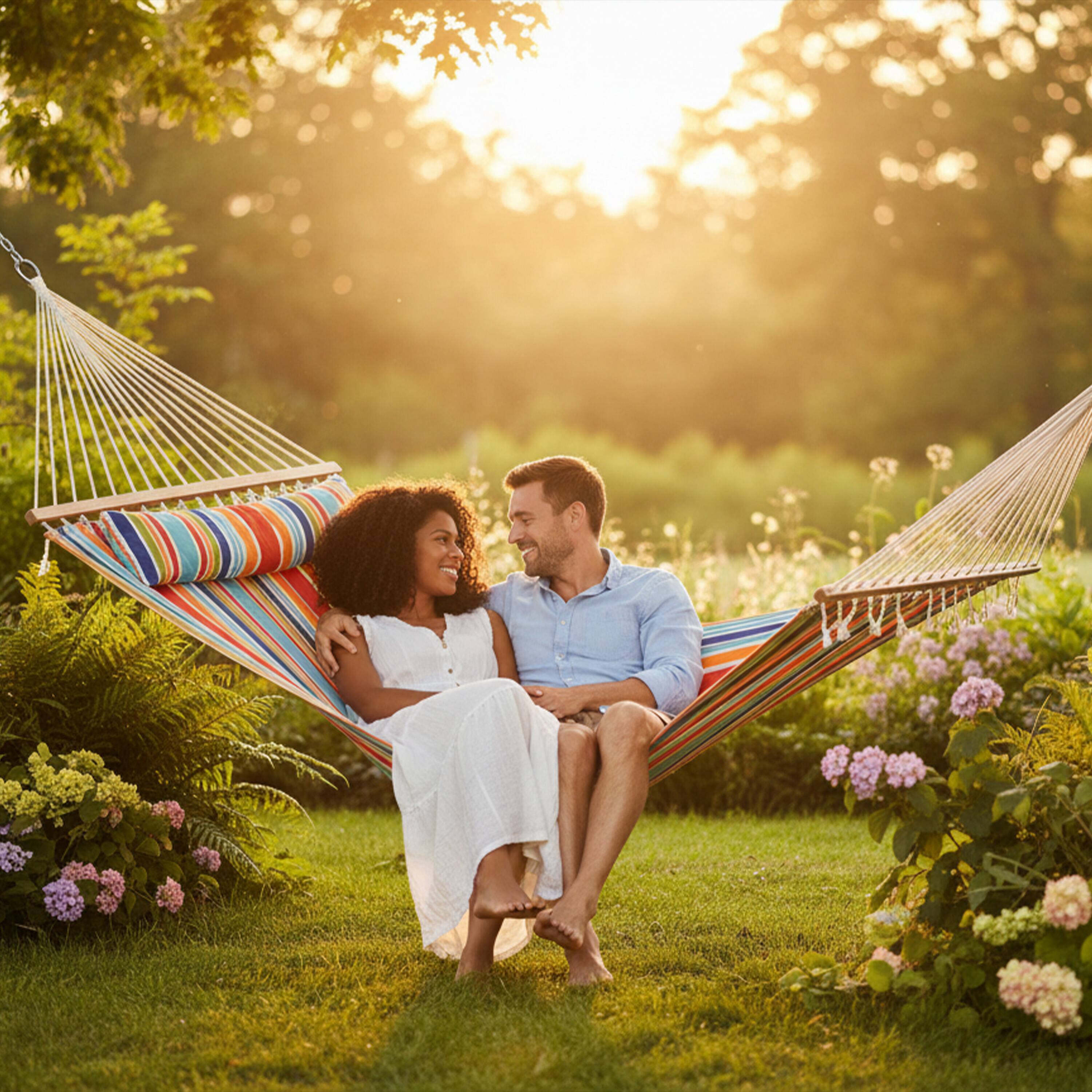 Alt View 9. Sunnydaze - Large Quilted Fabric Hammock with Spreader Bar and Pillow - Caribbean Stripe.