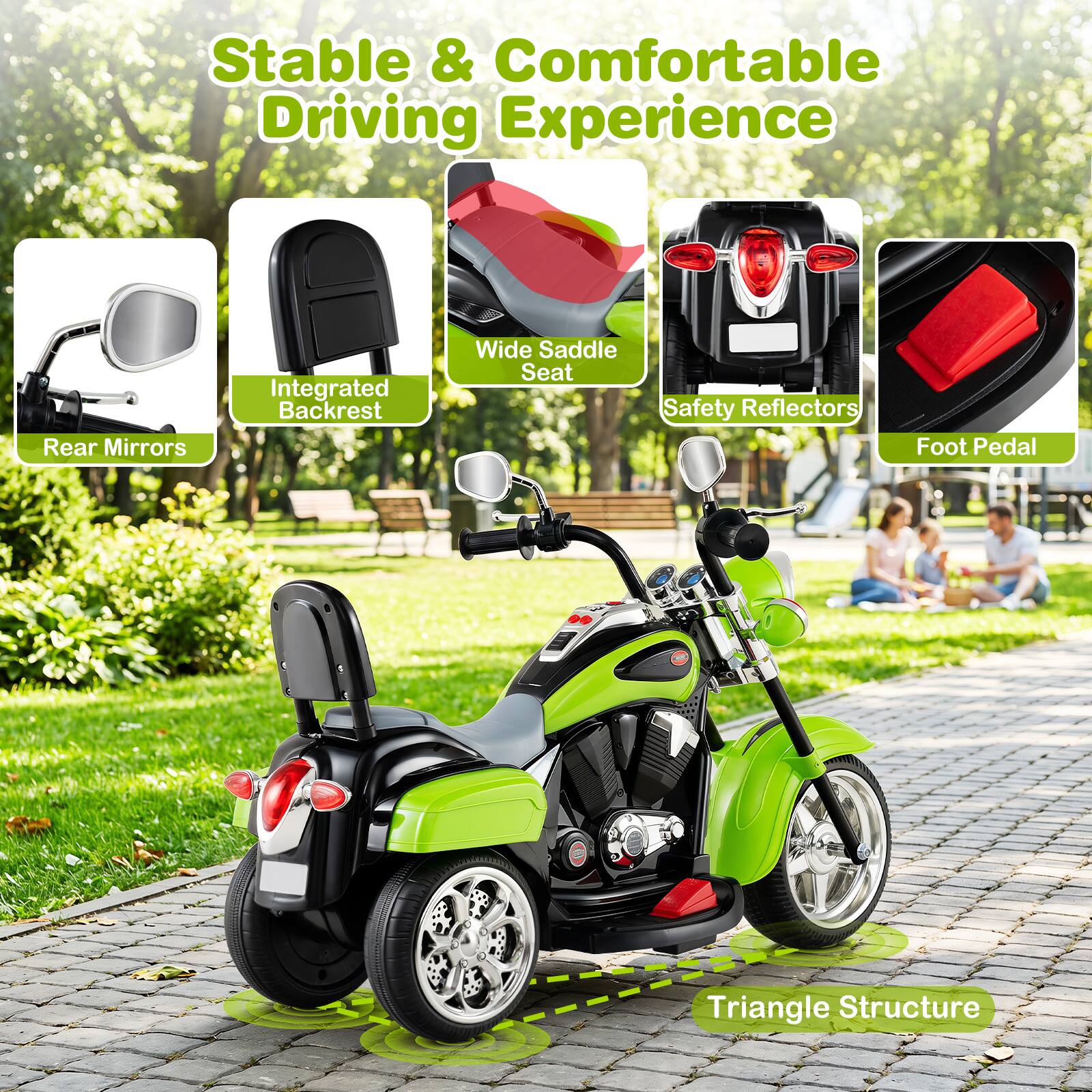 Stable & Comfortable Driving Experience

- Rear Mirrors
- Integrated Backrest
- Wide Saddle Seat
- Safety Reflectors
- Foot Pedal
- Triangle Structure